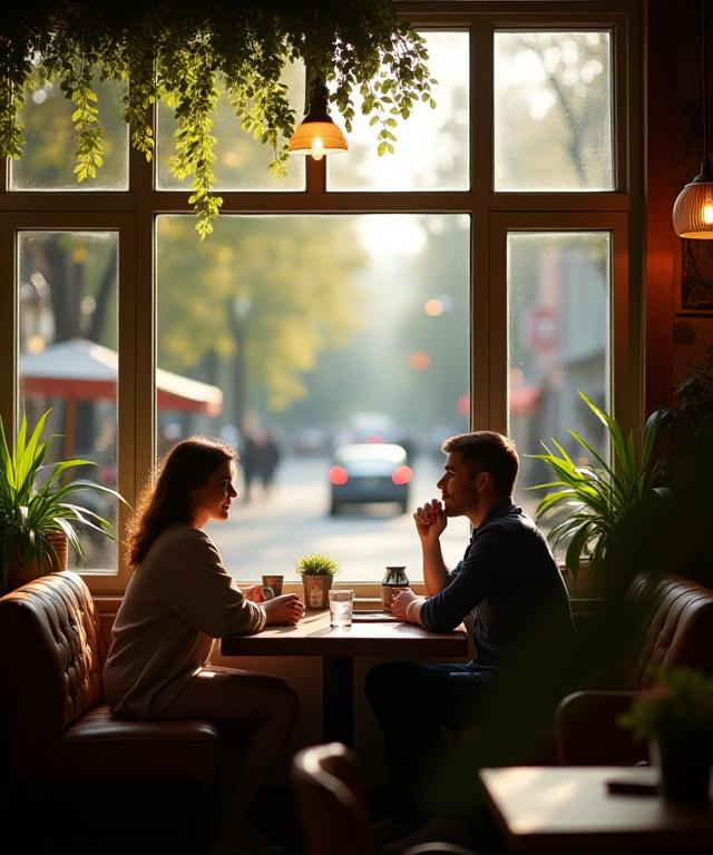 Gjester som sitter ved vinduet i kafeen, ser ut over en livlig gate. Vinduene gir godt dagslys og en åpen atmosfære.