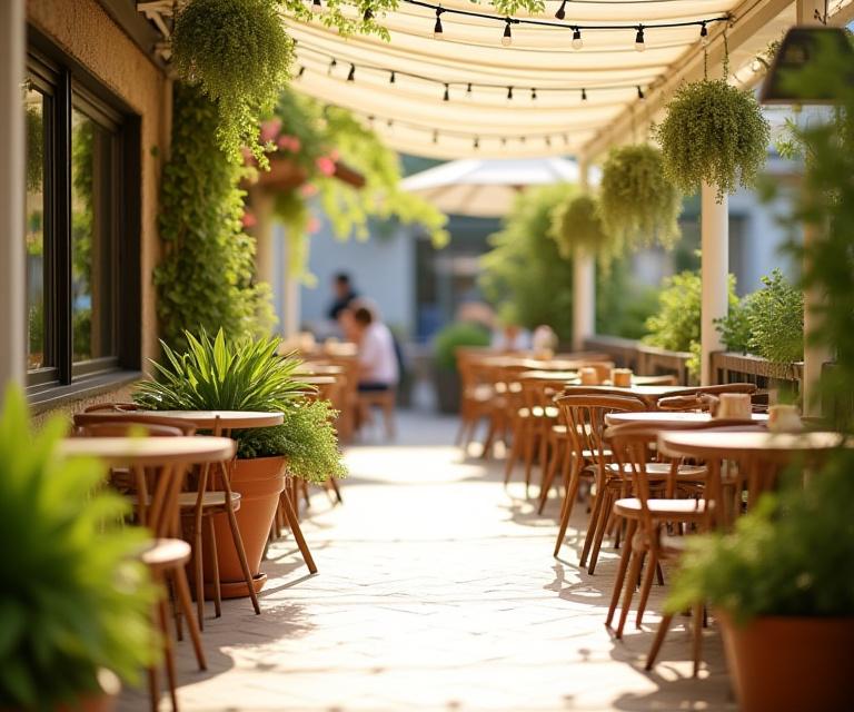 En solrik dag på den koselige uteserveringen til Breeze & Bean, med grønne planter og komfortable sitteplasser.